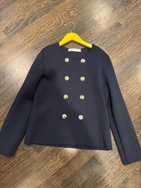 Zara Navy Double-Breasted Pea Coat with Gold Buttons